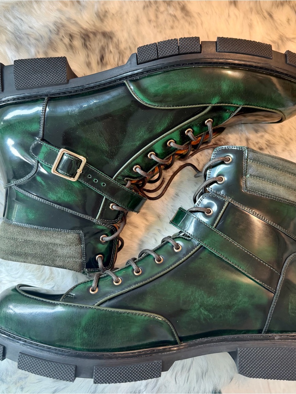 Polished Dark Green Leather Lace-Up Buckle Combat Boots for Men - Picture 2 of 9